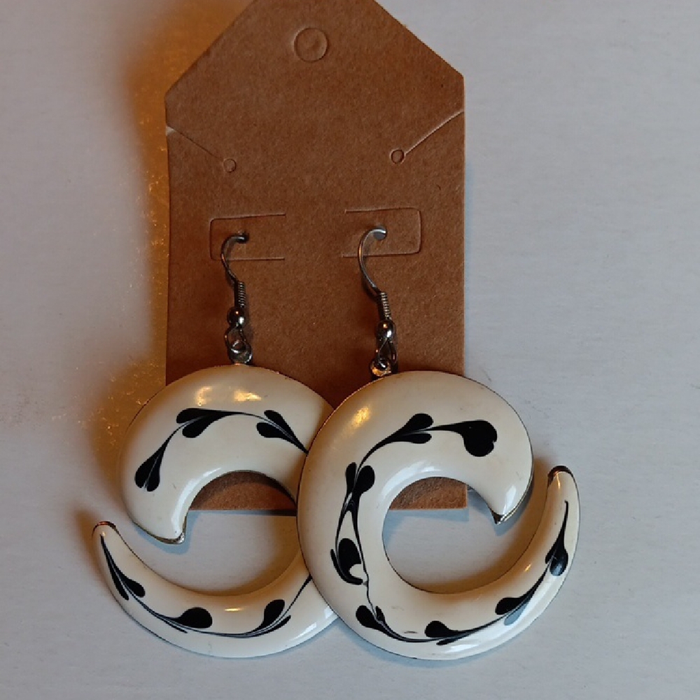 Crescent Hoop Earrings with Black Leaf Motif Vintage